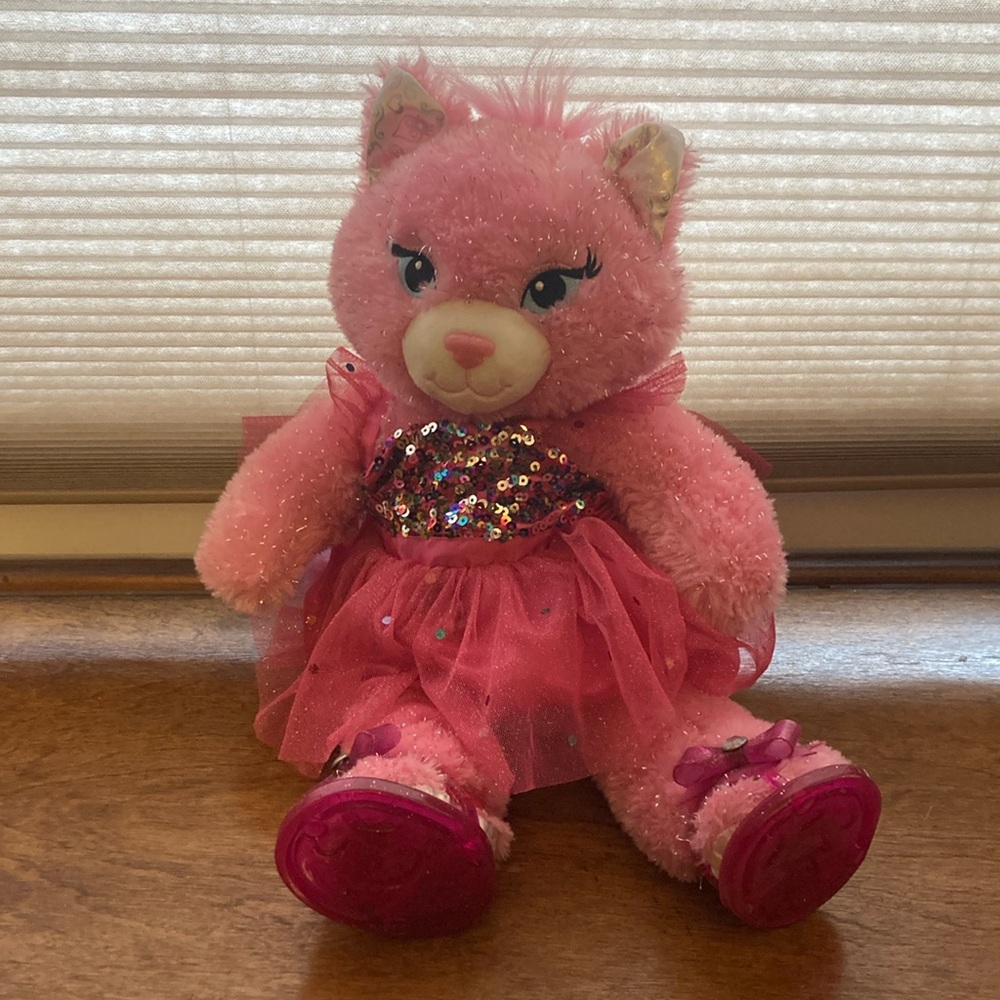 Build-A-Bear Pink Plush Stuffed Cat with Sequin dress and glitter sandals